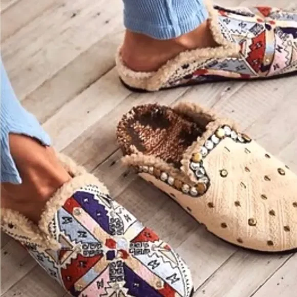 Free People Damon Textile Cozy Embellished Mule Clog Ivory Faux